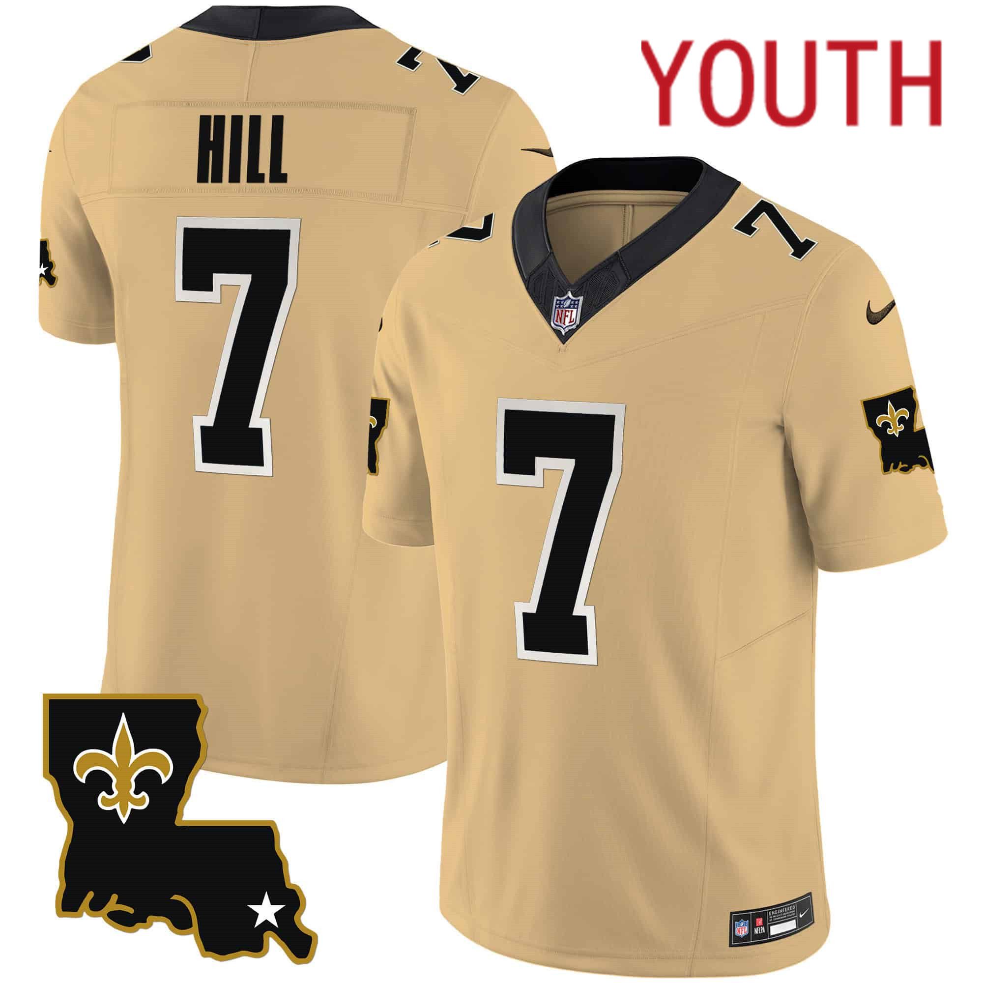 Youth New Orleans Saints #7 Hill Yellow 2024 Nike 1987 Legacy Vapor Limited NFL Jersey